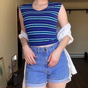 VINTAGE blue, white, teal & green cap sleeve top